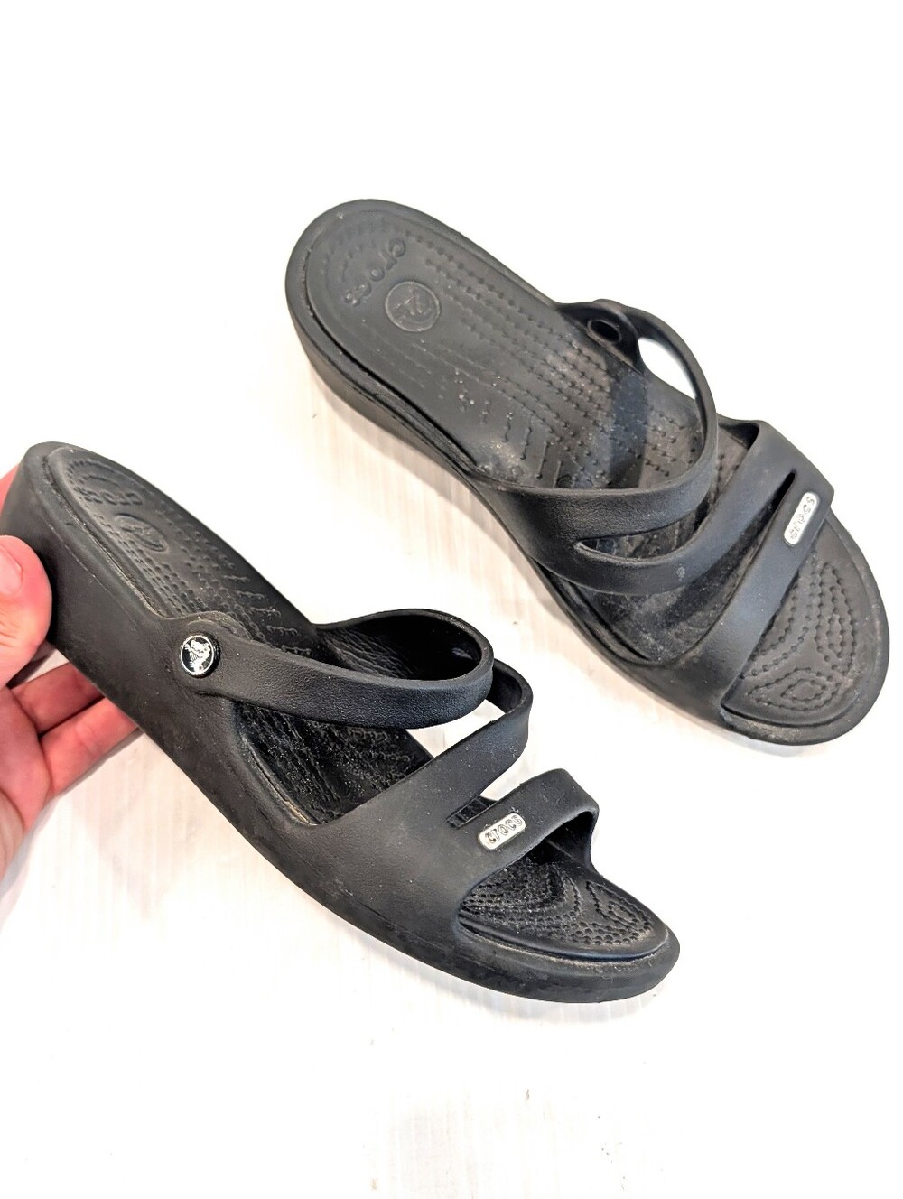 CROCS Patricia Wedge Sandals Women's Black Strappy Slide Sandals Size 7